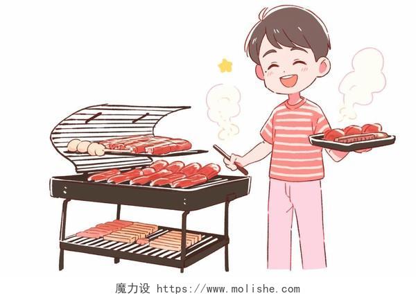 一个男人在烤架前快乐地烧烤卡通AI插画BBQ烤肉派对聚会
